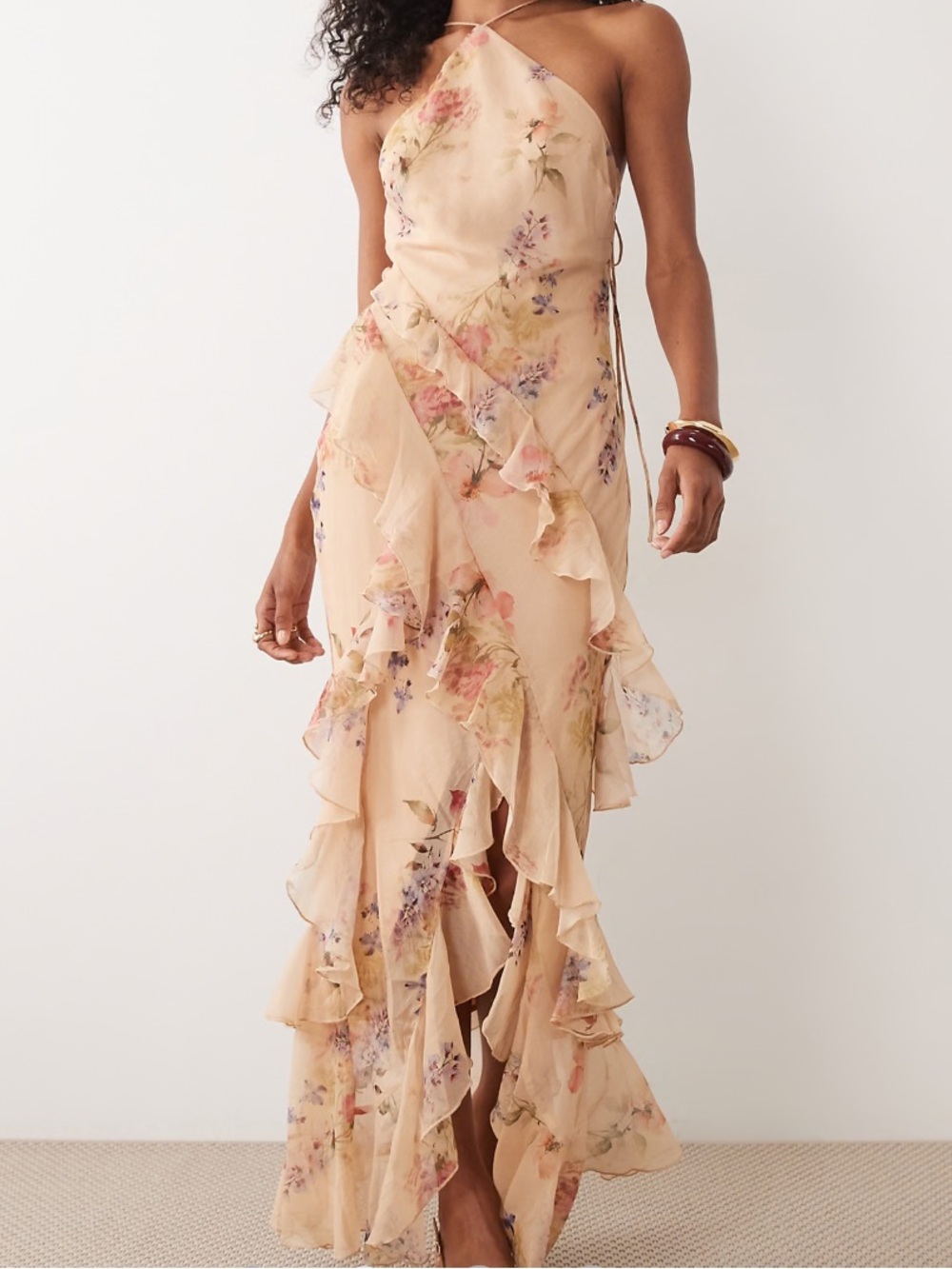 maxi dress with ruffles and high-low in floral print